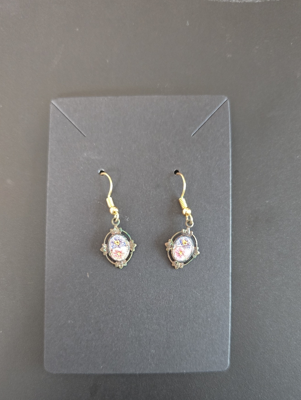 Gold Tone Floral Oval Drop Earrings